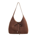 Dark brown suede hobo bag with bow drawstring and silver ball pendant details - Brown