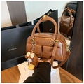 Brown faux leather Boston bag with front pockets and cute teddy bear charm - No Pendant / Yellow Brown