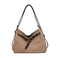 Bolso tote grande de ante sintético marrón con correas negras y herrajes dorados - Caqui
