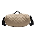 Beige quilted hobo bag with black nylon straps and diamond patterns in minimalist style - Khaki