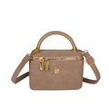 Chique taupe suède handtas met gouden metalen handvat en bloemvormig logo - Khaki
