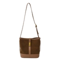 Retro-Eimer-Schultertasche aus dunkelbraunem Wildleder und hellbraunem Leder mit Goldschloss - Khaki