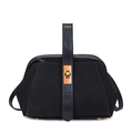 Retro black matte shell handbag with suede texture and bronze twist lock closure - Black