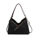 Bolso de hombro negro grande con correas marrones y hebilla de anillo dorado - Negro