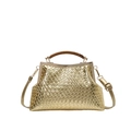 Goldene geflochtene Handtasche mit Metallrahmen und dunklem Holzgriff-Detail - Gold