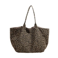 Bolso tote grande de lona con estampado de leopardo retro y correas de hombro - Verde