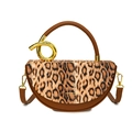 Brown leather leopard print handbag with a unique gold twisted metal handle - Brown