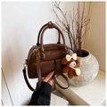 Deep brown retro Boston handbag with top handles and adjustable shoulder strap - No Pendant / Dark Brown