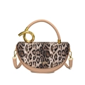 Leopard print and beige leather saddle bag with gold metal ring handle and crossbody strap - Khaki
