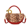 Fashionable red leather handbag with leopard print flap and golden metal knot handle - Red