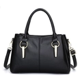 Classic black tote bag with litchi texture and golden metal hardware ring charms - Black