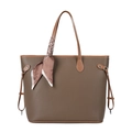 Large capacity tan faux leather tote bag with printed silk scarf and adjustable strap - Brown