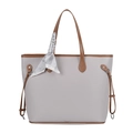 Grey large capacity tote bag with brown handles and a stylish fashion scarf accessory - Gray