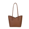 Brown litchi grain leather tote bag with V-shaped stitching and minimalist shoulder straps - Dark Brown