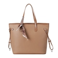 Brown litchi grain tote bag with decorative silk scarf and large capacity design - Light Khaki