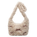 Sac à bandoulière en peluche crème avec nœuds marrons et breloques cœur doré - Kaki