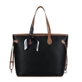 Large black lychee pattern tote bag with brown handles and a stylish silk scarf decoration - Black