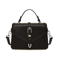 Classic black woven texture handbag with silver buckle and detachable shoulder strap - Black