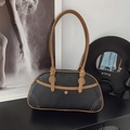 Retro gewebte Handtasche in Schwarz mit braunen Lederriemen und goldenem Metallverschluss - Schwarz