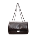Vintage dark brown leather shoulder bag with silver metal chain strap and flap closure - Brown
