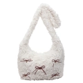 Sac bandoulière en peluche crème avec nœud marron et pendentif cœur doré chic - Blanc