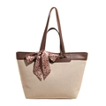 Grande borsa tote in tela con finiture in pelle marrone e sciarpa per il pendolare - Marrone