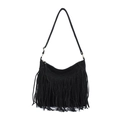 Borsa hobo retrò in pelle scamosciata nera opaca con lunghe frange boho e tracolla - Nero