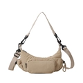 Versatile beige nylon crescent bag featuring multiple pockets and wide adjustable strap - Khaki