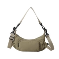 Khaki crescent nylon shoulder bag with multi-pocket design and adjustable wide strap - Green