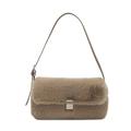Bolso de hombro de felpa marrón con textura suave y hebilla metálica cuadrada - Caqui