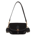 Retro black crossbody baguette bag with wide woven strap and gold buckle hardware - Black