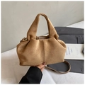 Detail of light brown suede cloud bag with pleated texture and stylish metal ring buckle - Khaki