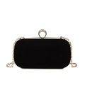Minimalist black velvet evening clutch bag with rhinestone ring handle and silver chain - Black