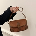 Brown suede and leather baguette bag with wide shoulder strap and gold buckle - Brown