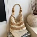 Hohl gestrickte Tragetasche mit beigen Streifen und Holzperlengriff für den Strand - Klein / Khaki und Beige