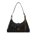 Borsa a spalla hobo nera in pelle con fibbia in metallo e ciondolo a nappa con perline - Nero