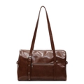 Vintage dark brown wax leather Boston bag with dual straps and front zipper detail - Brown Large