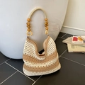 Handwoven hollow out bag with beige and tan patchwork design and wooden bead handles - Medium / Khaki and Beige