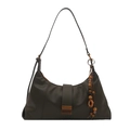 Borsa hobo in pelle opaca marrone scuro con fibbia in metallo e ciondolo in legno - Verde