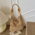 Handmade crochet woven bag in natural color featuring hollow patterns and wooden beads - Large / Khaki