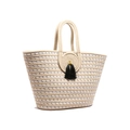 Elegante borsa tote intrecciata beige e nera con nappe a frangia e doppi manici robusti - Cachi