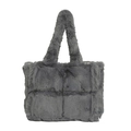 Dark grey plush quilted tote bag with a soft faux fur texture and a square pattern design - Gray
