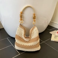 Hollow knit tote bag with beige and brown stripes and wooden beaded handles - Large / Khaki and Beige