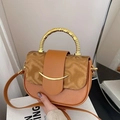 Vintage caramel box bag with gold bamboo handle and floral fabric flap for women - Brown