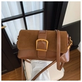 Vintage brown shoulder bag with suede拼接 and gold metal buckle detail shown on a chair - Brown