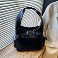 Black glossy shoulder bag with silver rivets and large capacity side pockets - Black
