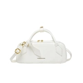 White minimalist baguette bag in glossy leather finish with adjustable golden hardware - White