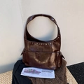 Vintage dark brown rivet hobo shoulder bag in oil wax leather with side pockets - Brown