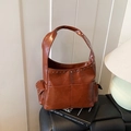 Vintage dark brown glossy leather shoulder bag with silver studs and side flap pockets - Brown