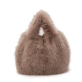 Borsa a mano in pelliccia sintetica color talpa con texture soffice e manici tondi - Cachi